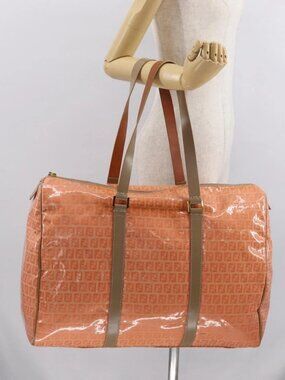 FENDI Zucchino Canvas Boston Bag Orange Gold Auth 166353